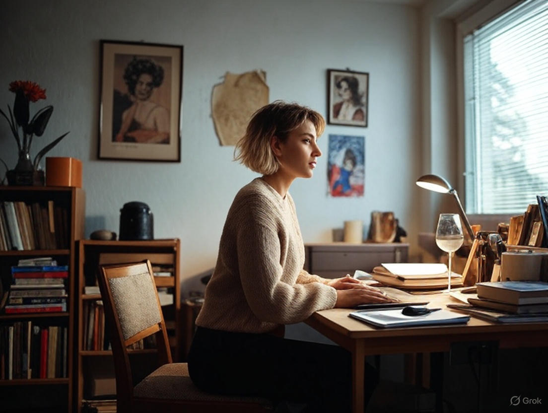 Isabella am chaotischen Schreibtisch, ein Glas Wein