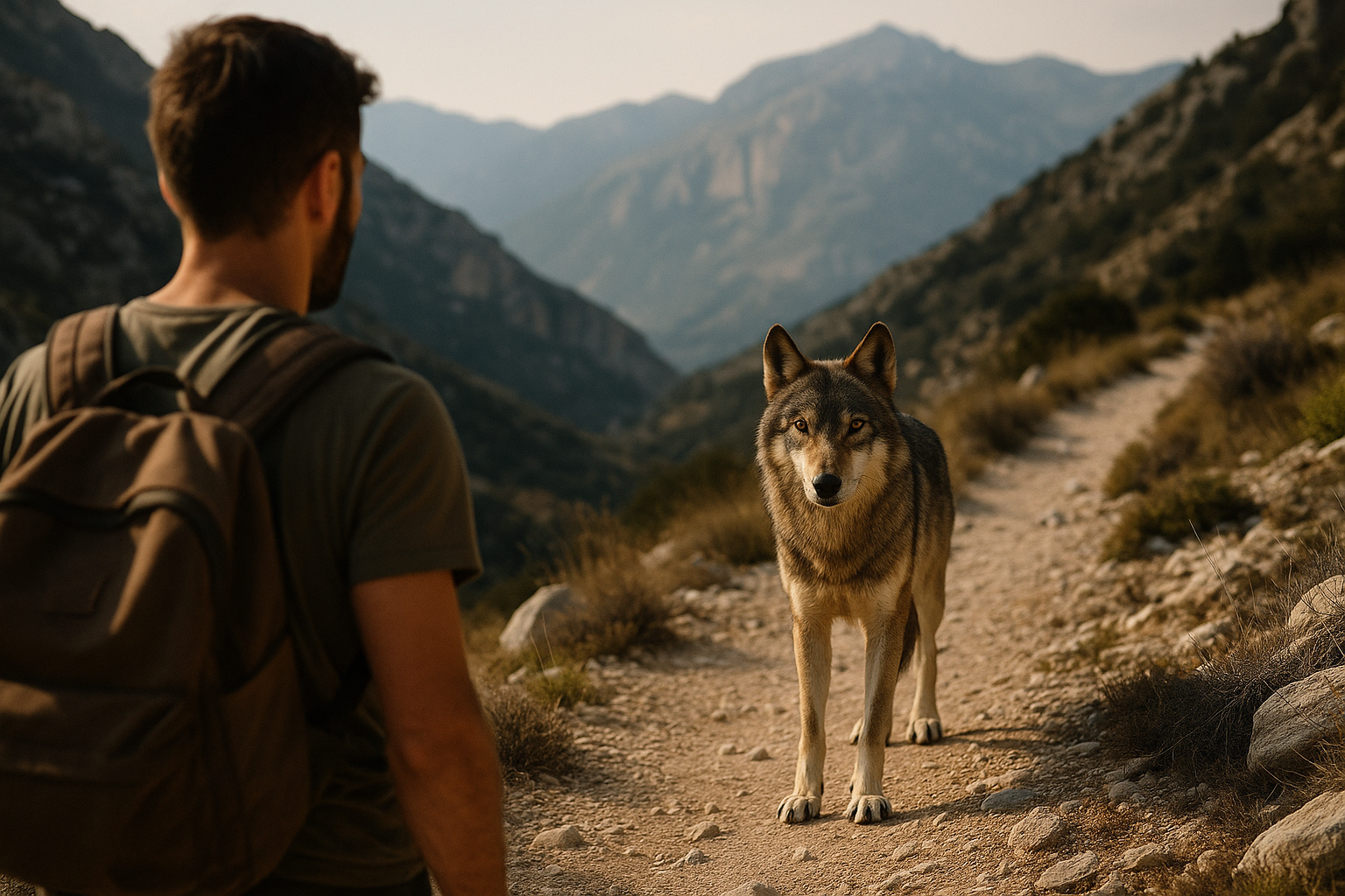 Ein Wanderer steht auf einem Bergpfad und blickt einem einzelnen Wolf entgegen, der wenige Meter entfernt den Weg versperrt. Dramatisches Licht, felsige Landschaft, gespannte Atmosphäre.