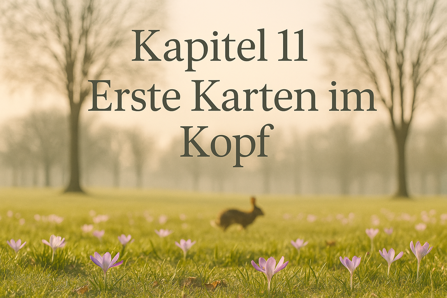 Ein Park im Vorfrühling, eine Wiese mit blühenden Krokussen, ein Kaninchen hoppelt durchs Bild, im Hintergrund noch unbelaubte Bäume