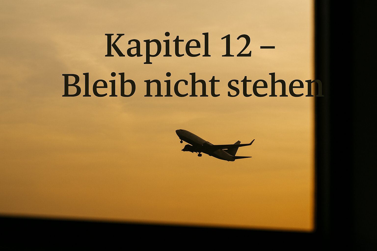 Ein startendes Flugzeug im Sonnenuntergang von einem Fenster aus gesehen