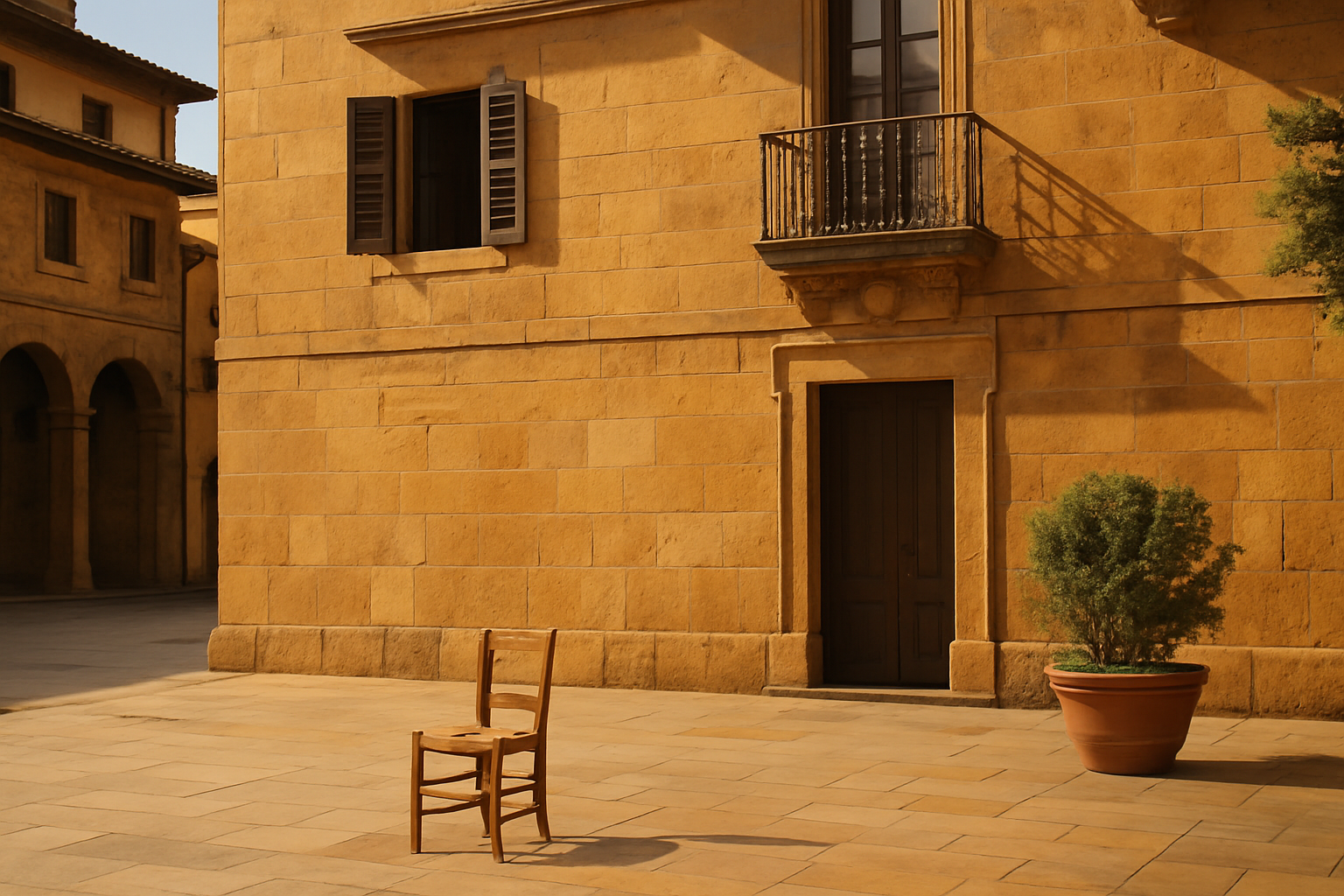 Ein Haus in Oviedo. Auf den Platz davor steht ein Stuhl, keine Menschen zu sehen.
