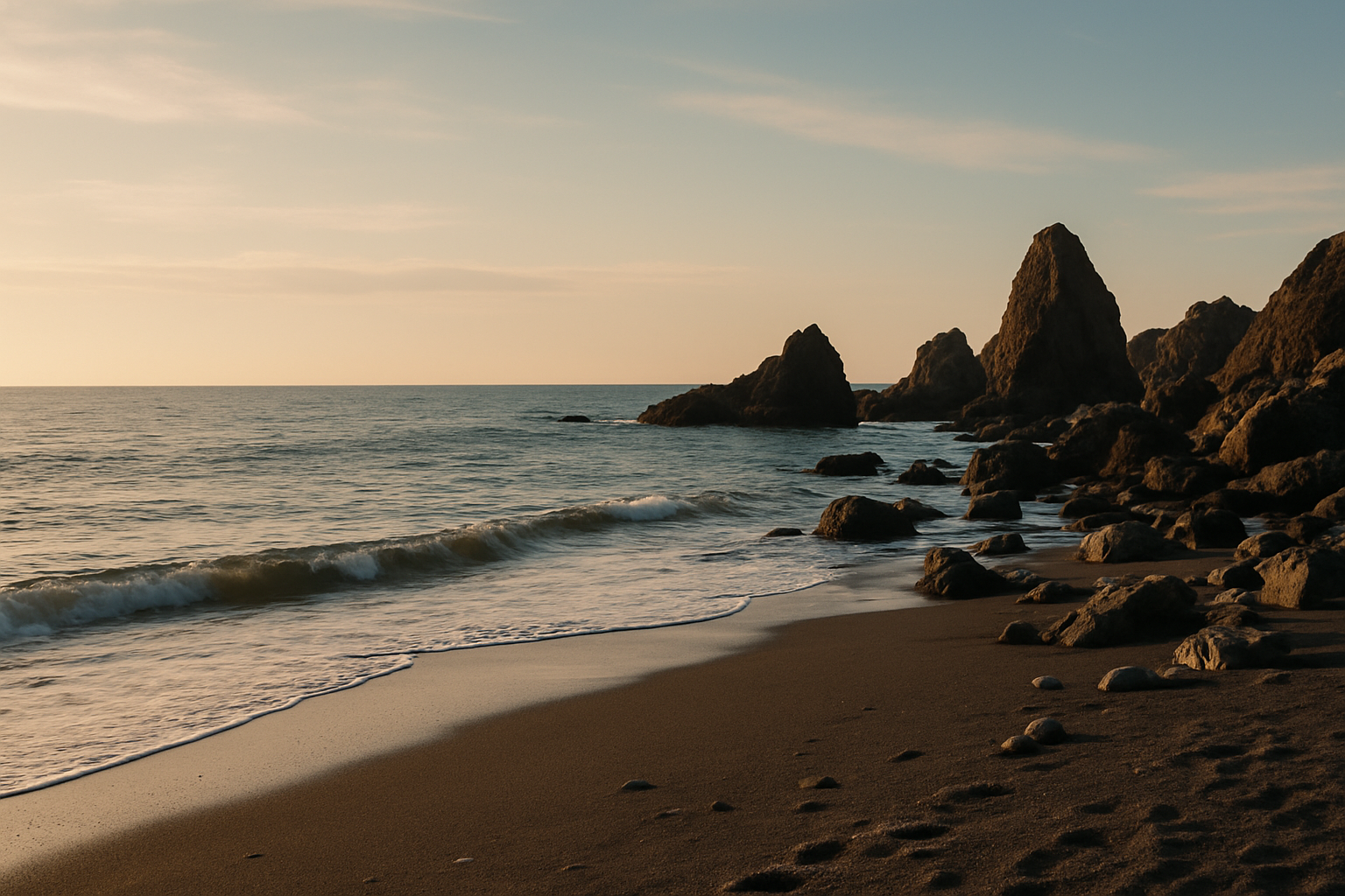 Ein Strand im Sonnenuntergang, Felsen im Hintergrund, schwarzer Sand und sanfte Brandung