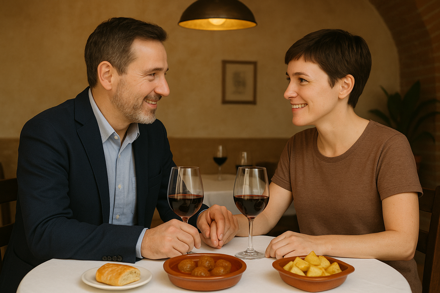 Sergio und Isabella in einem Restaurant. Auf dem tisch stehen verschiedene Tapas und sie haben Rotwein vor sich.