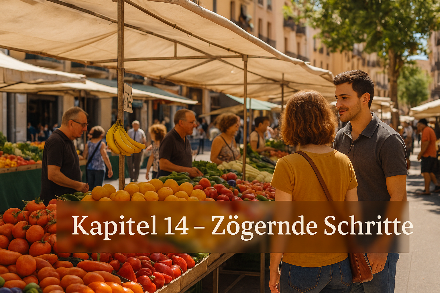 Spanische Marktszene im Sonnenschein: Stände mit Tomaten, Orangen, Paprika und Bananen, Menschen im Gespräch, im Vordergrund Isabella und Sergio, die einander zum ersten Mal begegnen.