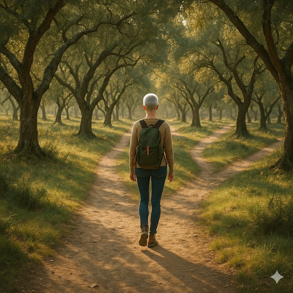 Eine Wanderin mit kurzen, grauen Haaren auf einem Waldweg. Sie trägt einen Rucksack und wurde von hinten fotografiert.