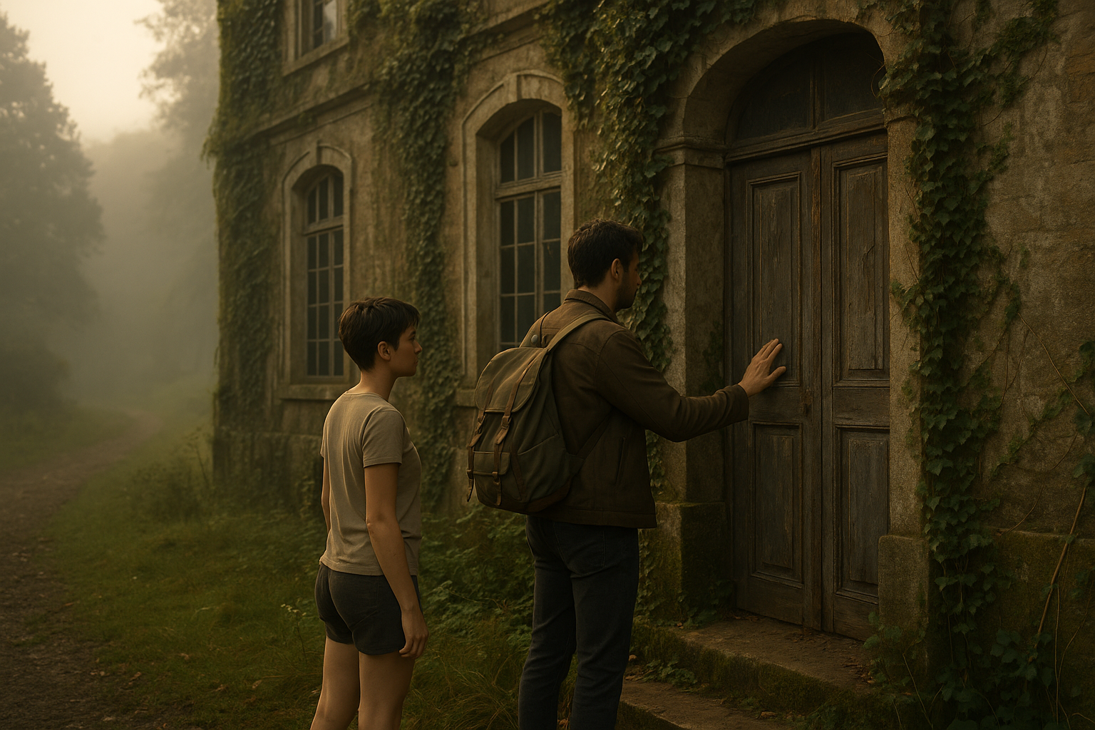 Sergio und Isabella stehen vor dem verfallenen Haus von Sergios Urgroßvater. Die Wände sind von Efeu überwuchert. Die Stimmung ist bedrückend.