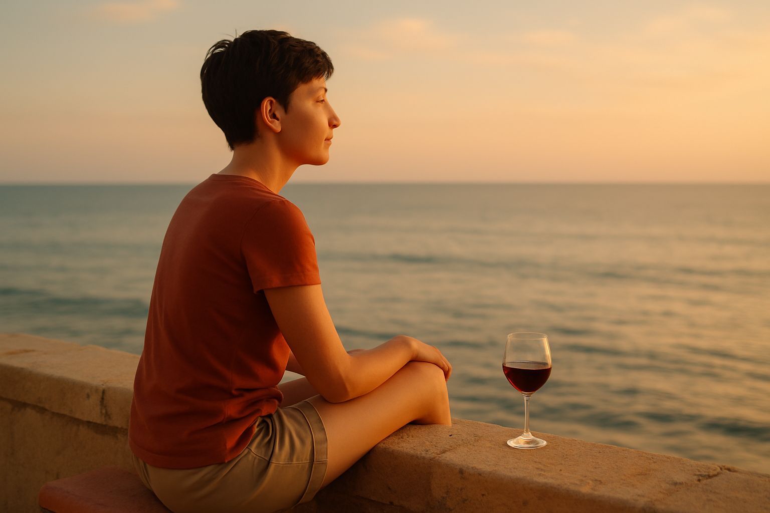 Isabella sitzt am Meer auf einer niedrigen mauer und blickt auf das Meer hinaus. Neben ihr steht ein halbvolles Glas Rotwein