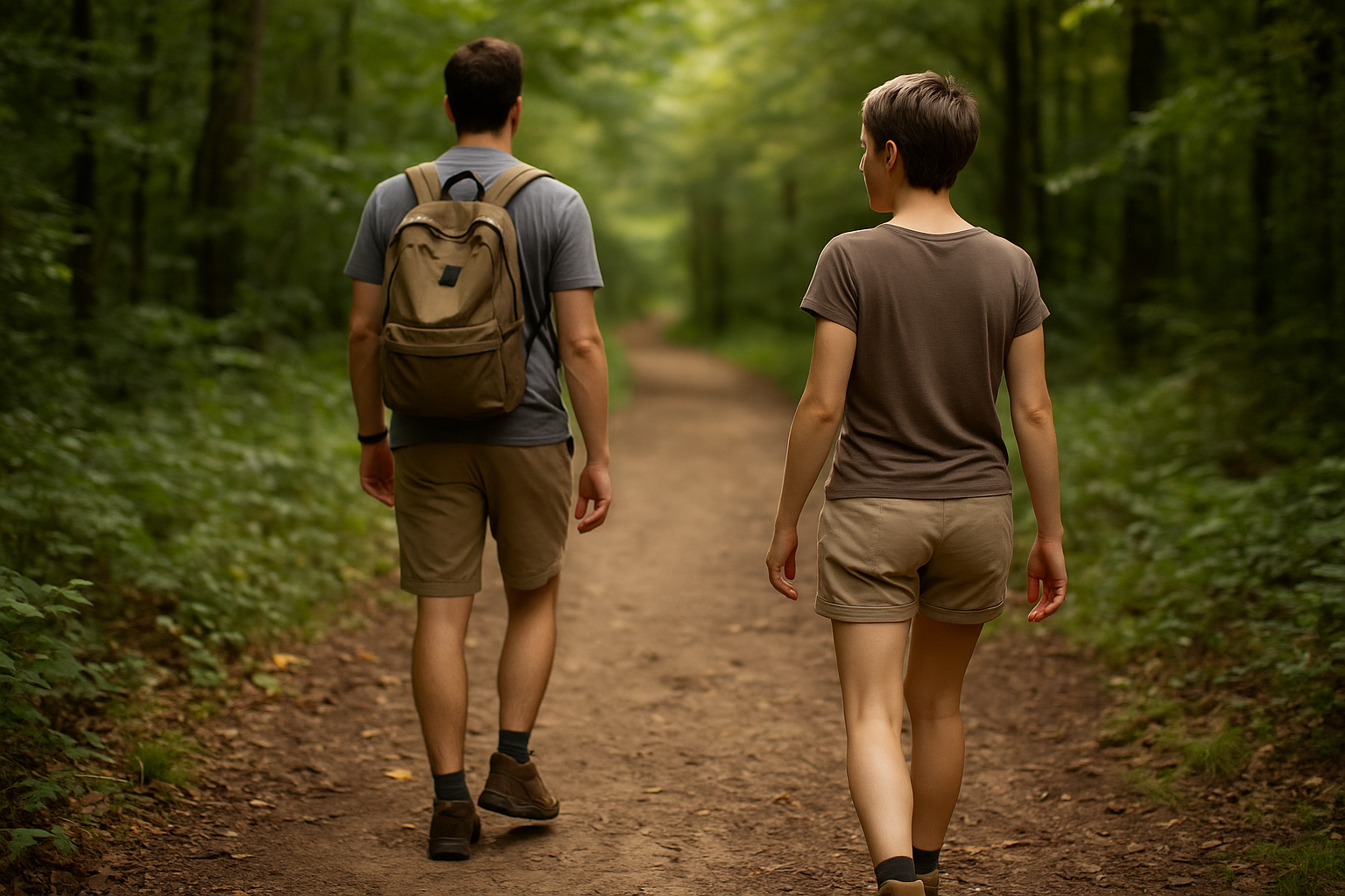 Sergio und Isabella auf einem Waldweg. Er geht vor, trägt einen kleinen Rucksack. Sie folgt ihm in geringem Abstand.