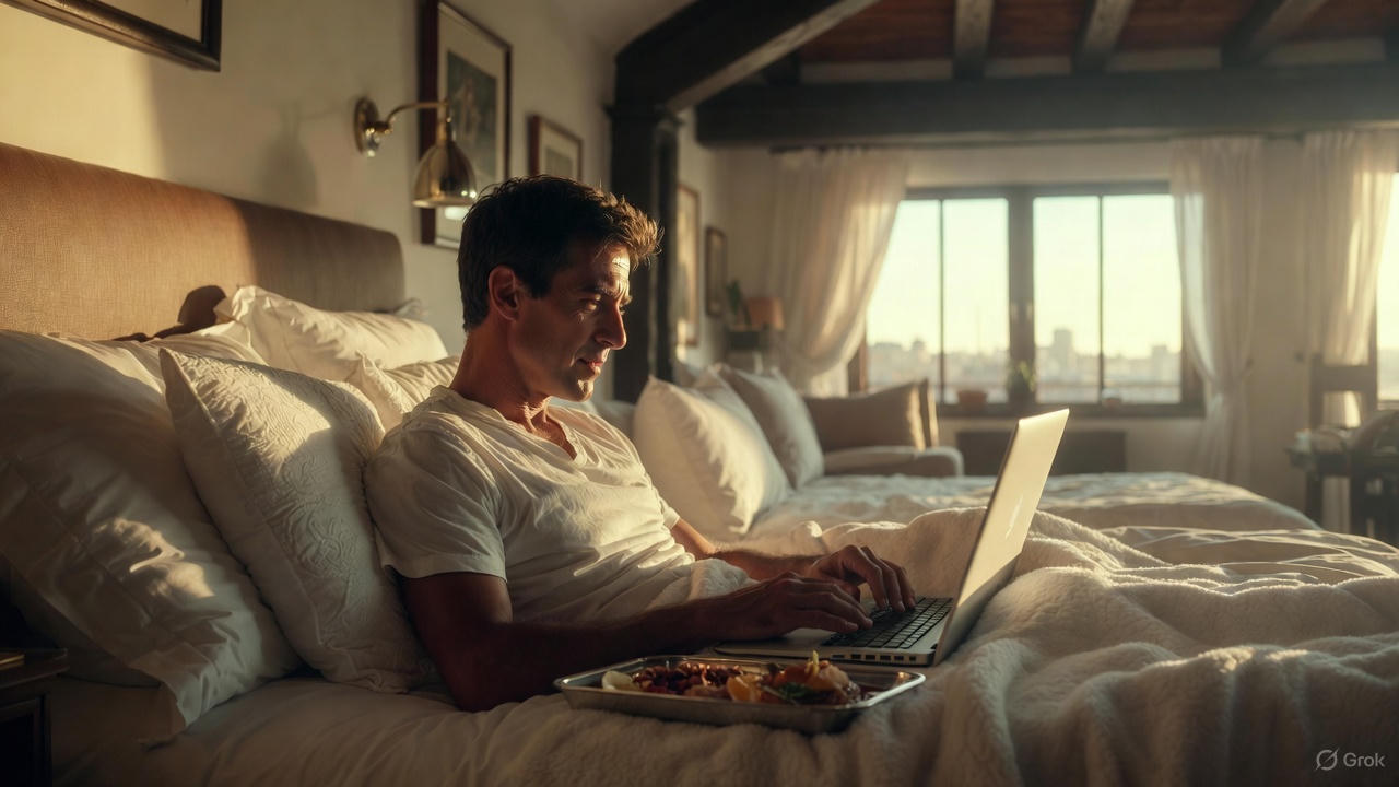 Sergio lesend mit einem Laptop im Bett in seinem Loft in Madrid