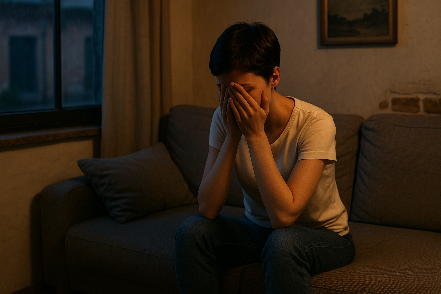 Isabella sitzt auf dem Sofa im spärlich beleuchteten Wohnzimmer. Sie hat die Hände vors Gesicht geschlagen und weint.